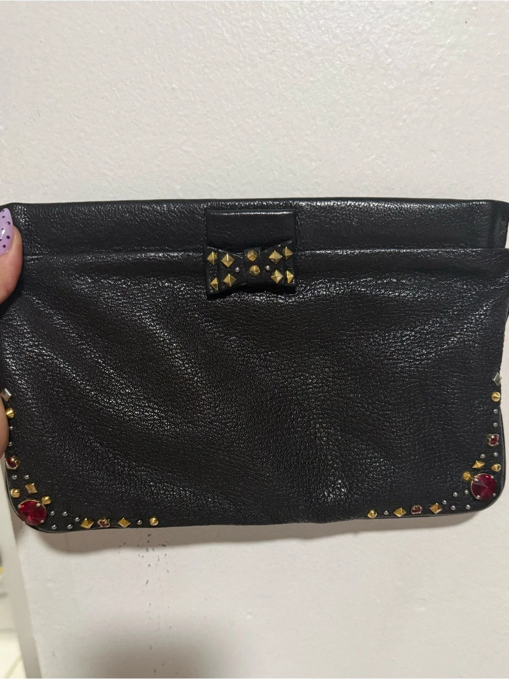 Miu Miu Black Leather Studded Clutch with Red Gem Accents